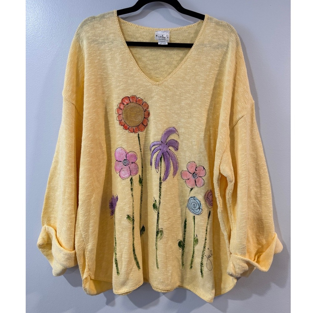 Kunkys Hand Painted Yellow Cotton Knit V-Neck Floral Sweater One Size USA Made